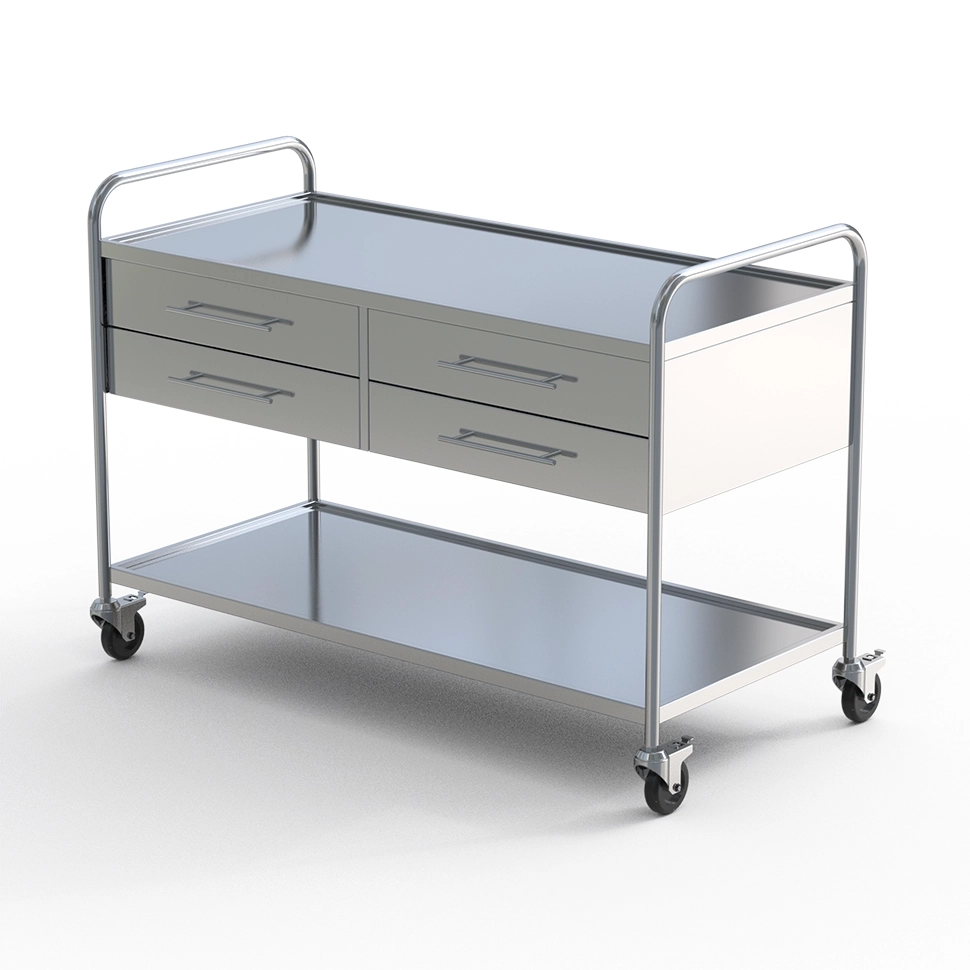 Masă mobilă medicală cu 4 sertare 2 nivele 1300x600mm H=900mm inox